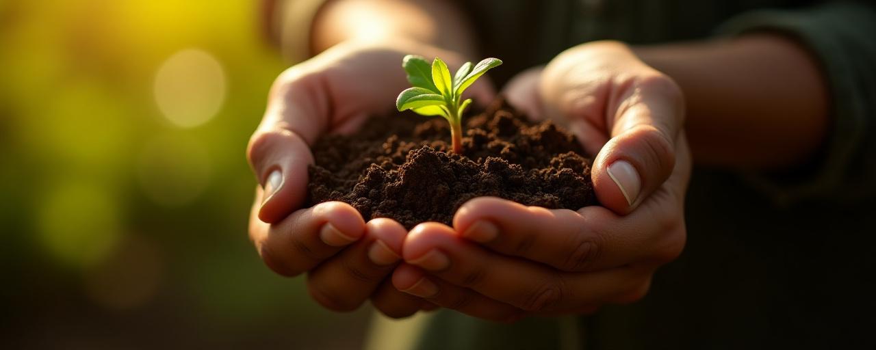 Close up of hands holding rich organic dark soil with a small green sprout emerging